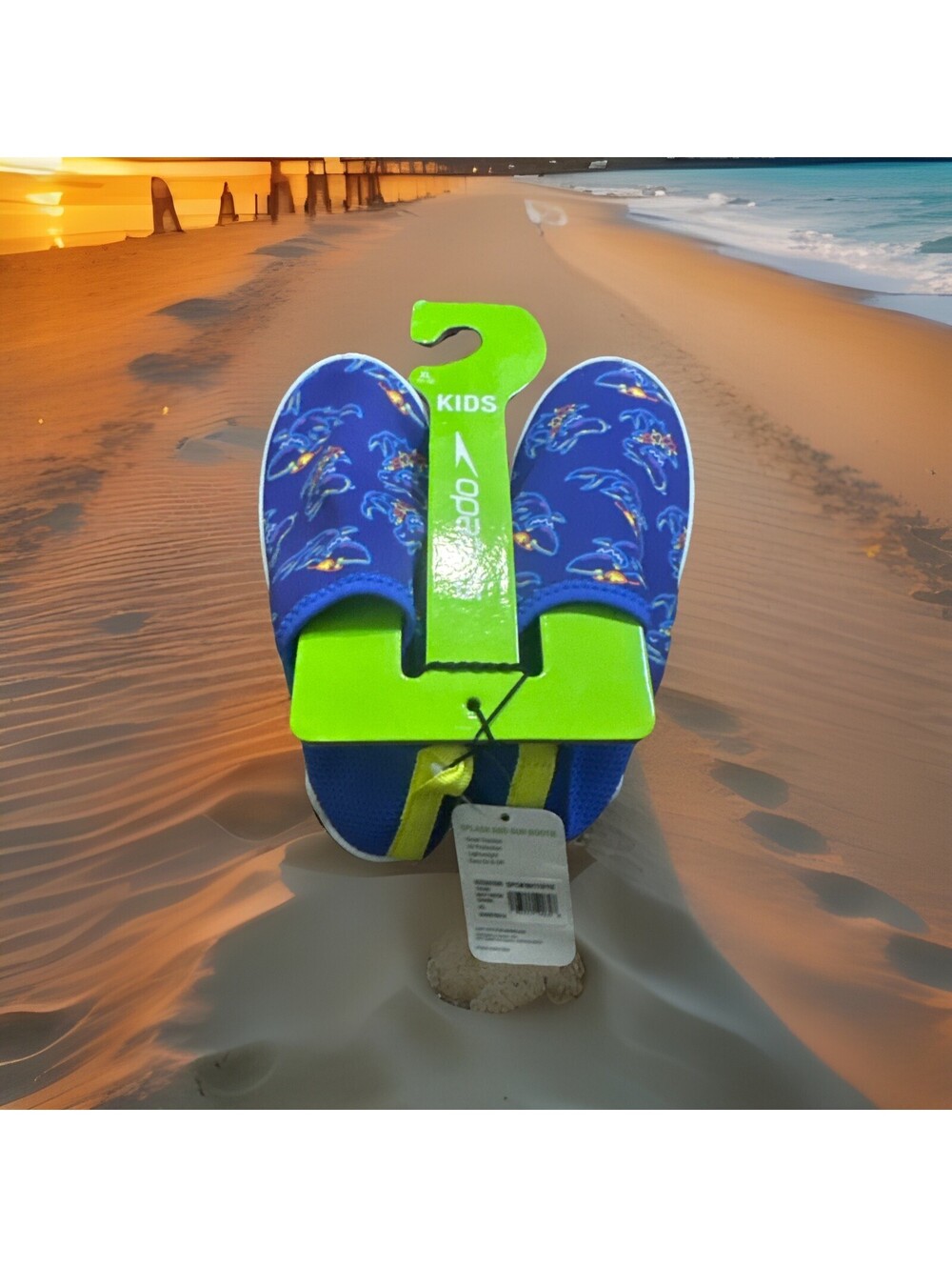 Speedo Kids Size XL 11-12 Navy Neon Shark Splash And Sun Bootie Swimming Shoes
